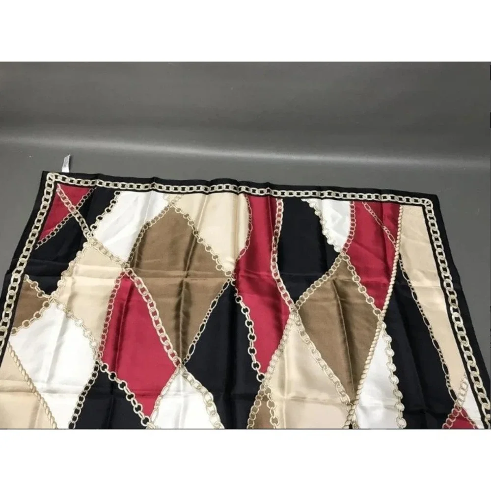 Oscar de la Renta Silk Scarf Chain Link Geometric Burgundy Black Gold Squarev
